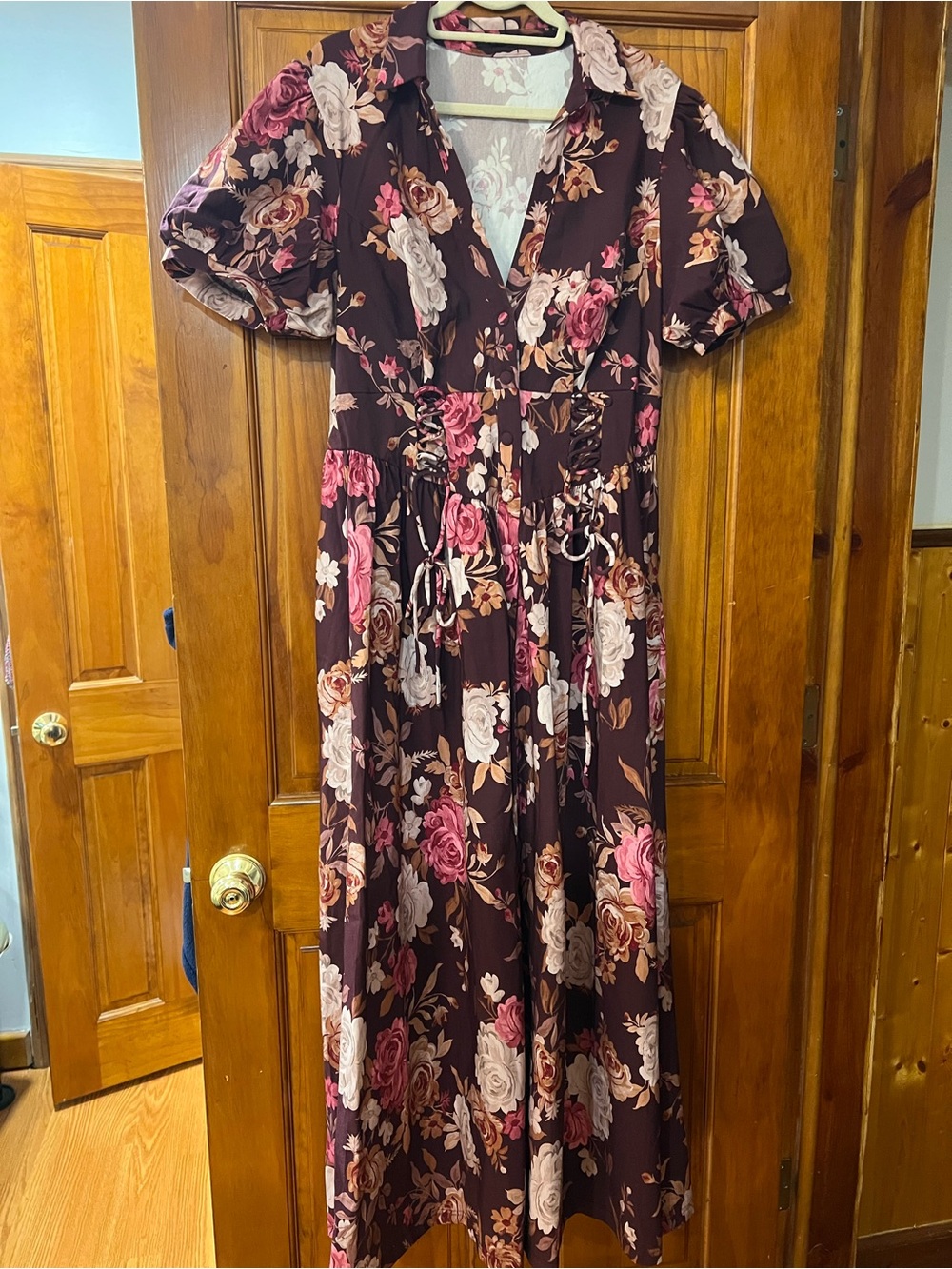 Fashion Nova Burgundy Floral Button-Front Maxi Dress with Pink Roses